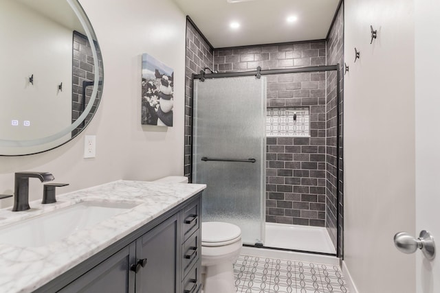 full bath featuring vanity, toilet, tile patterned floors, recessed lighting, and a stall shower