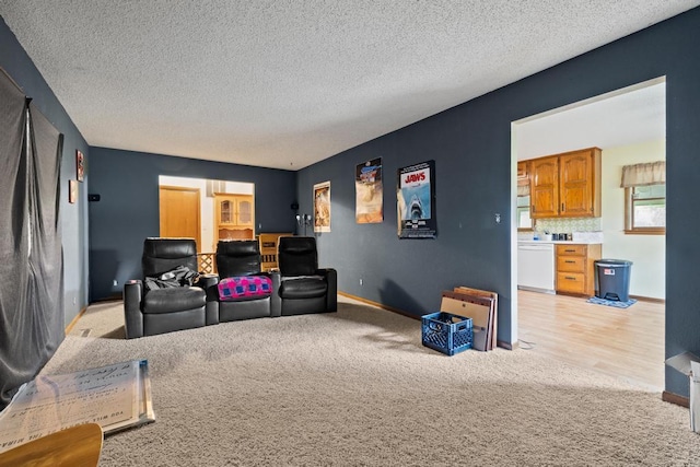 home theater featuring baseboards, a textured ceiling, and light colored carpet