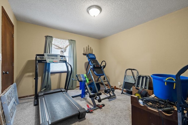 exercise room with carpet floors, a textured ceiling, and baseboards