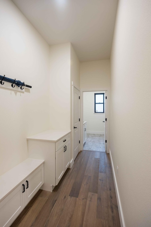 mudroom with baseboards and dark wood finished floors