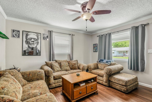 living room featuring crown molding, a textured ceiling, ceiling fan, and wood finished floors