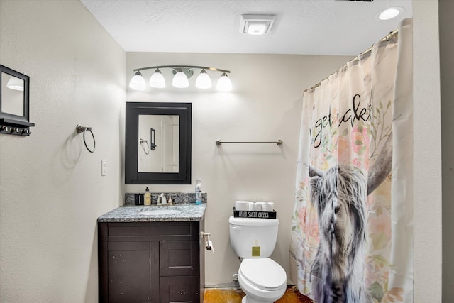full bathroom featuring toilet, a shower with shower curtain, and vanity