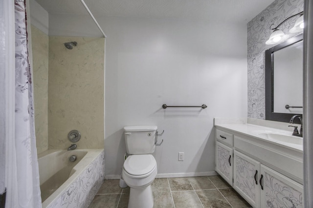 bathroom featuring vanity, toilet, baseboards, tile patterned floors, and shower / bath combo