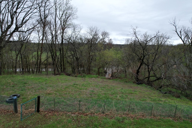 view of yard featuring fence and a wooded view