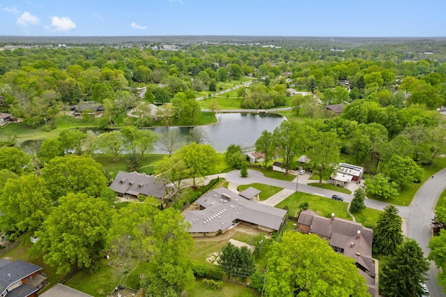 bird's eye view featuring a water view and a residential view
