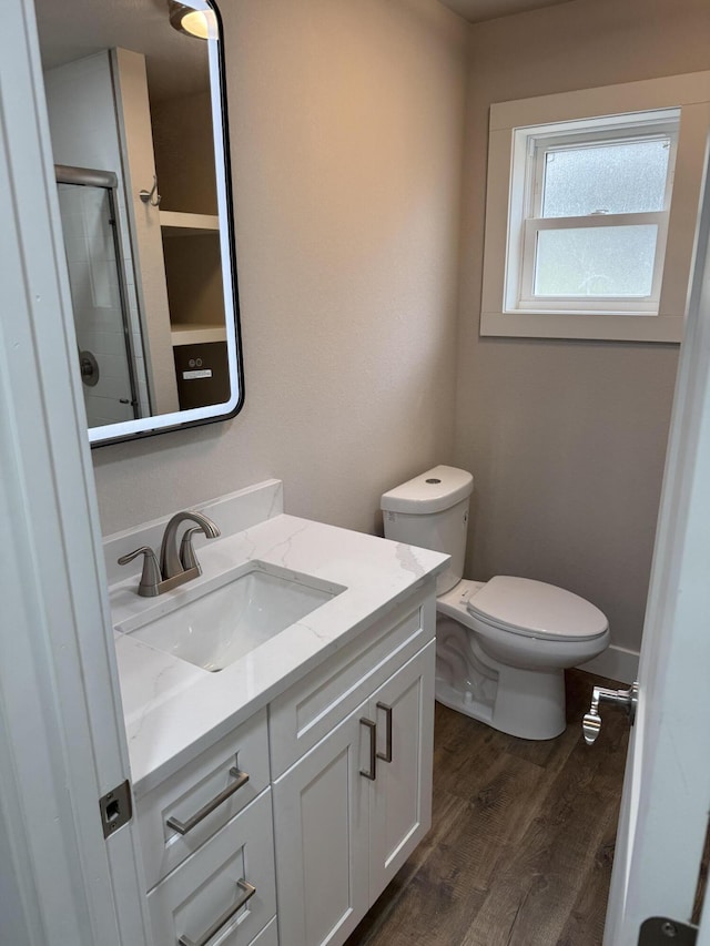 1256 Black Oak Resort Ln, Lampe, MO 65681 - bathroom with vanity, a shower stall, toilet, and wood finished floors