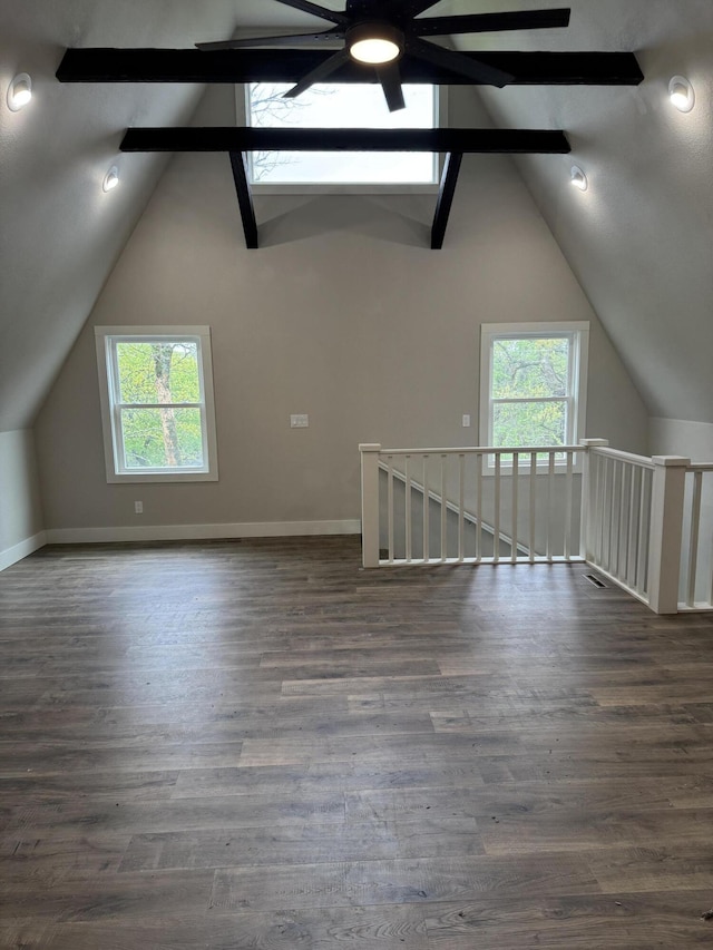 1256 Black Oak Resort Ln, Lampe, MO 65681 - additional living space with baseboards, ceiling fan, lofted ceiling with beams, and wood finished floors