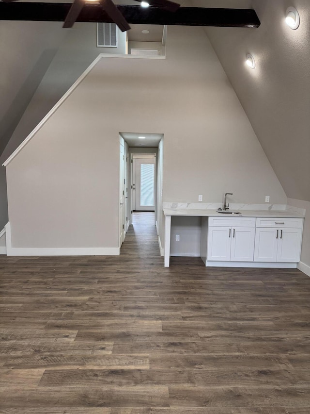 1256 Black Oak Resort Ln, Lampe, MO 65681 - additional living space with a ceiling fan, a sink, baseboards, lofted ceiling, and dark wood-type flooring