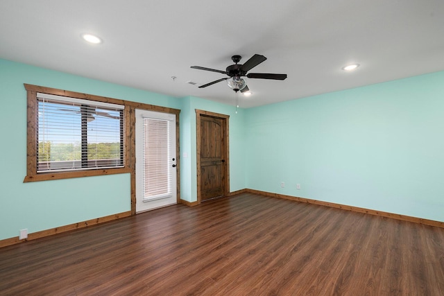 unfurnished room with baseboards, a ceiling fan, recessed lighting, and wood finished floors