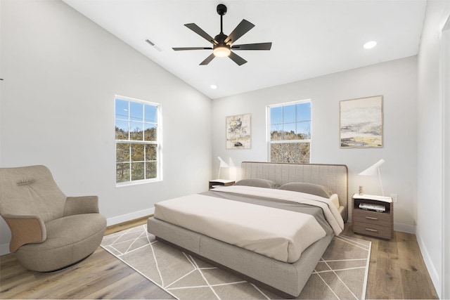 bedroom featuring recessed lighting, baseboards, a ceiling fan, and wood finished floors