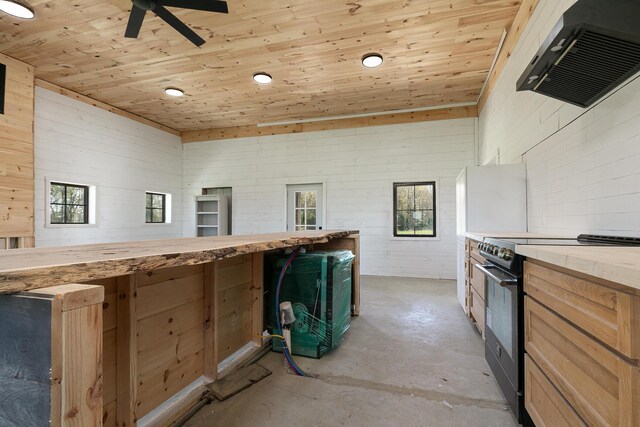 2107 E 530th Rd, Pleasant Hope, MO 65725 - kitchen with stainless steel range with electric cooktop, concrete flooring, wooden ceiling, and wall chimney exhaust hood