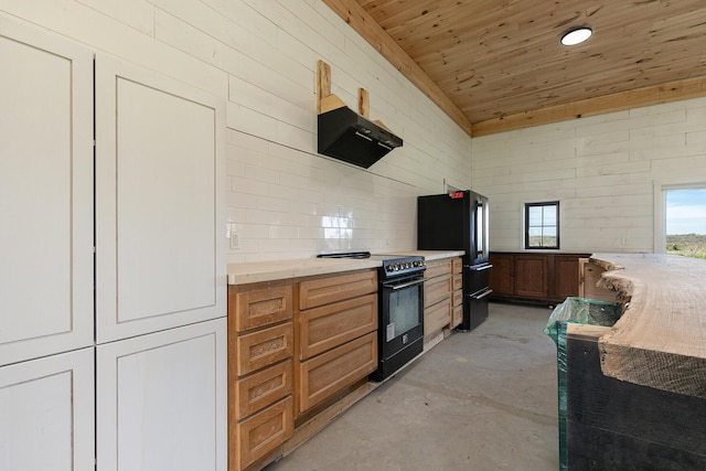 2107 E 530th Rd, Pleasant Hope, MO 65725 - kitchen featuring exhaust hood, concrete flooring, light countertops, wooden ceiling, and black appliances