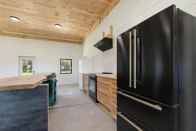 2107 E 530th Rd, Pleasant Hope, MO 65725 - kitchen featuring wood ceiling, concrete flooring, butcher block counters, and black appliances