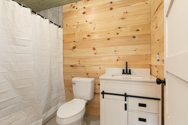 2107 E 530th Rd, Pleasant Hope, MO 65725 - full bath with vanity, wood walls, a shower with shower curtain, and toilet