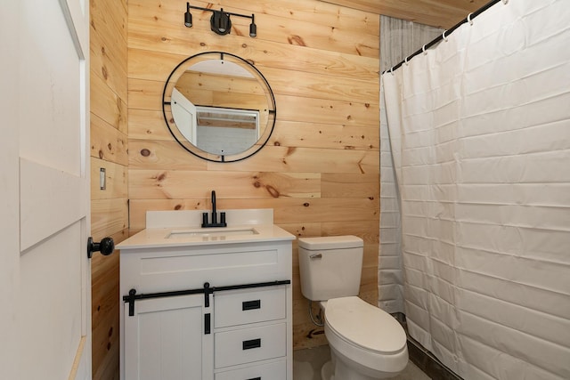 2107 E 530th Rd, Pleasant Hope, MO 65725 - bathroom with wooden walls, toilet, a shower with curtain, and vanity