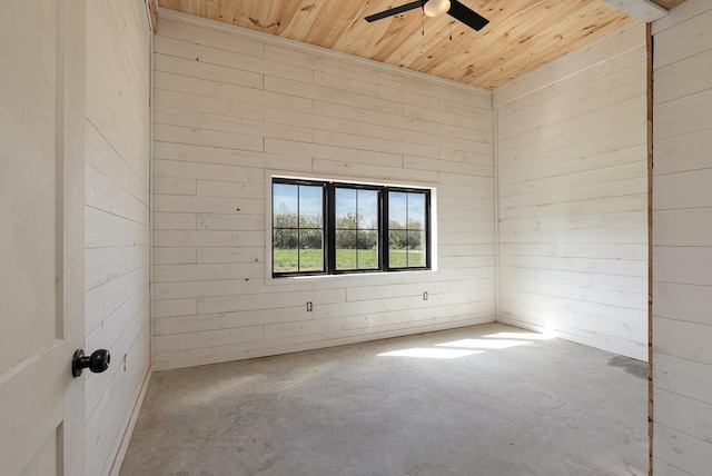 2107 E 530th Rd, Pleasant Hope, MO 65725 - empty room featuring concrete floors, wooden walls, ceiling fan, and wooden ceiling