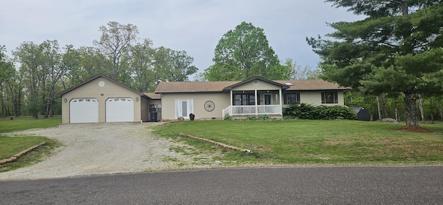 ranch-style home with an attached garage, dirt driveway, a porch, a front yard, and crawl space