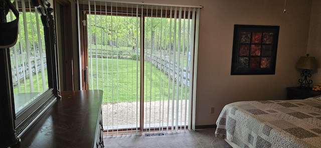bedroom with carpet floors, baseboards, and multiple windows