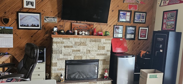 living area with a fireplace and wood walls
