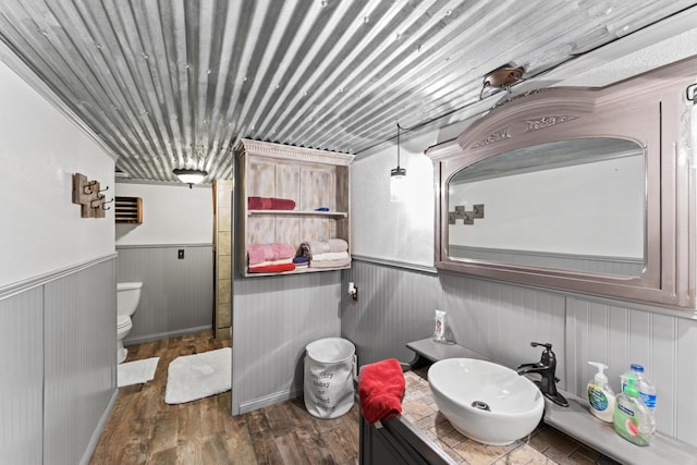 bathroom with toilet, wainscoting, wood finished floors, and vanity