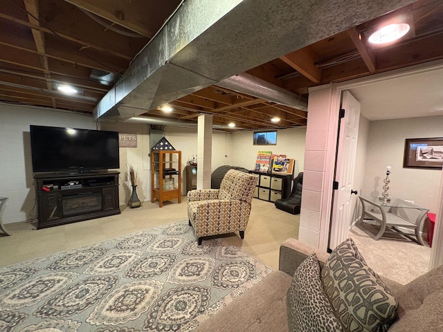 living area featuring carpet flooring