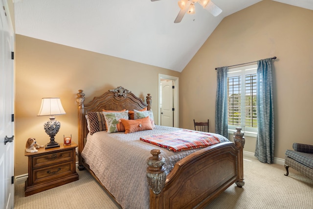 bedroom featuring baseboards, ceiling fan, light carpet, and lofted ceiling