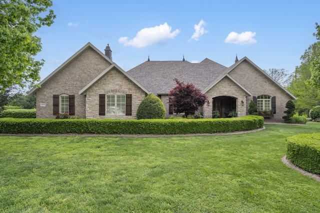french country style house featuring brick siding, a chimney, stone siding, and a front lawn