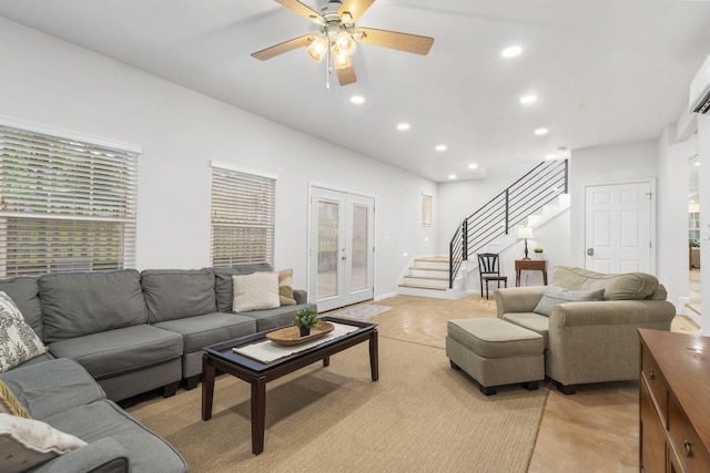 living room with french doors, recessed lighting, stairs, and ceiling fan
