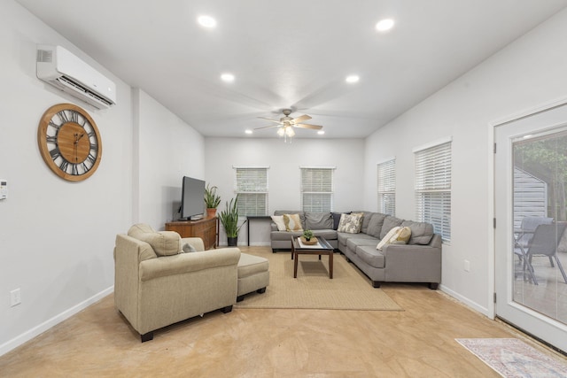 living area with recessed lighting, baseboards, ceiling fan, and a wall mounted AC