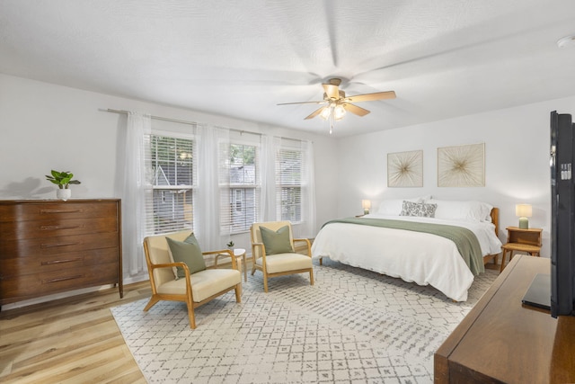 bedroom with ceiling fan and light wood finished floors