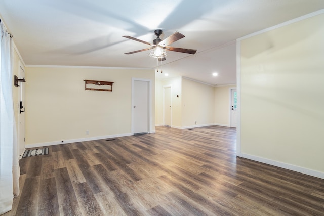 unfurnished room with ornamental molding, wood finished floors, baseboards, ceiling fan, and recessed lighting