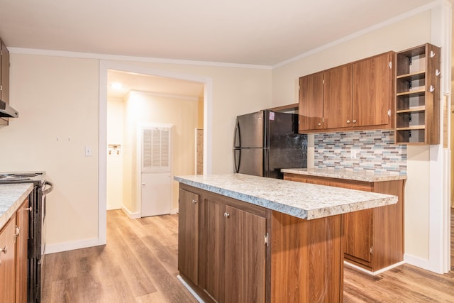 kitchen with open shelves, brown cabinets, freestanding refrigerator, electric stove, and light wood-style floors