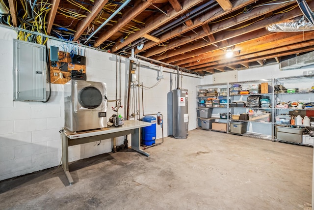 unfinished below grade area featuring concrete block wall, washer / dryer, water heater, and electric panel