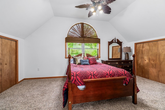 bedroom featuring a ceiling fan, vaulted ceiling, and carpet