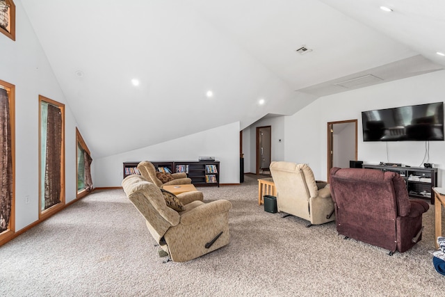 carpeted living room with recessed lighting, vaulted ceiling, and visible vents