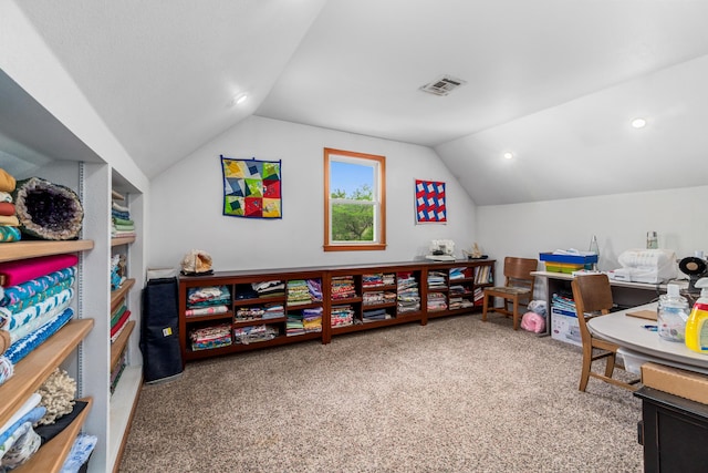 carpeted office with recessed lighting, visible vents, and vaulted ceiling