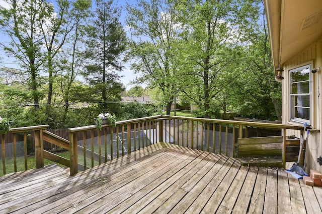 wooden terrace with a fenced backyard
