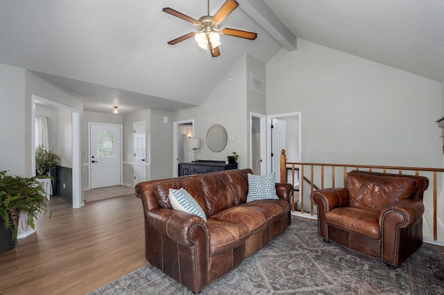 523 E Camino St, Springfield, MO 65810 - living room featuring ceiling fan, high vaulted ceiling, wood finished floors, beamed ceiling, and visible vents