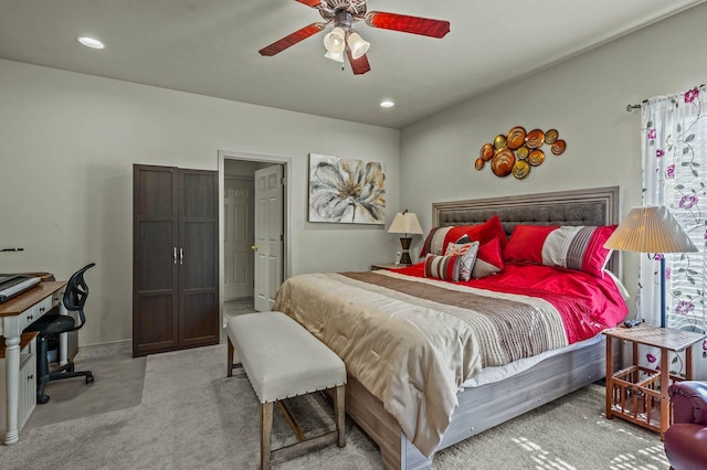carpeted bedroom with recessed lighting and ceiling fan