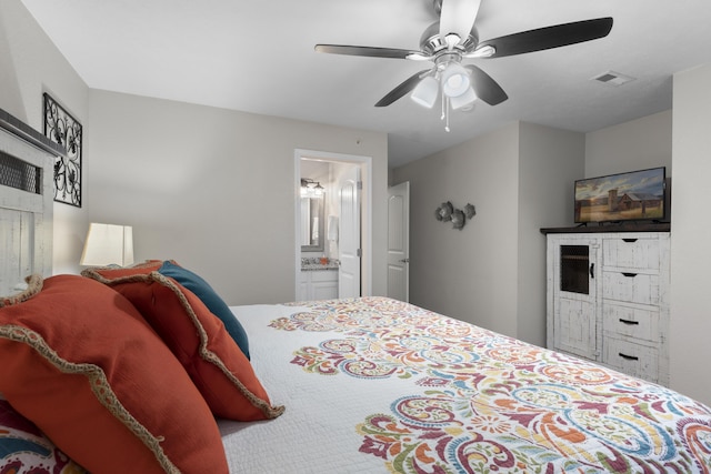 bedroom with ceiling fan, visible vents, and ensuite bath