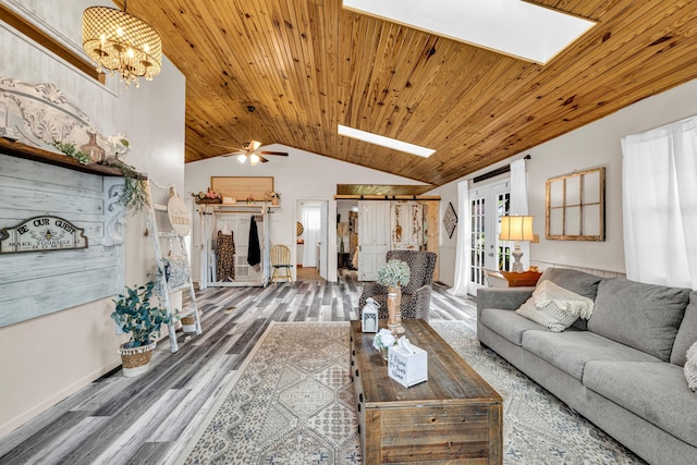 living area featuring an inviting chandelier, baseboards, wooden ceiling, wood finished floors, and lofted ceiling with skylight