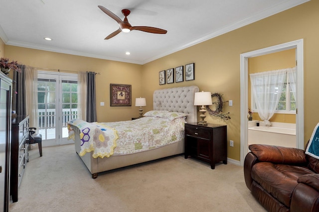 bedroom with crown molding, light colored carpet, and access to exterior