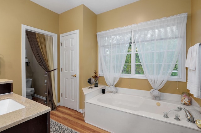 full bathroom with a garden tub, vanity, wood finished floors, toilet, and baseboards