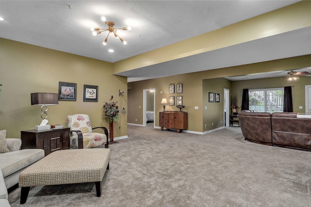 living area with baseboards, recessed lighting, ceiling fan, and light carpet