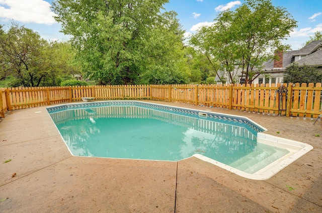 view of pool featuring a fenced in pool, a fenced backyard, and a patio area