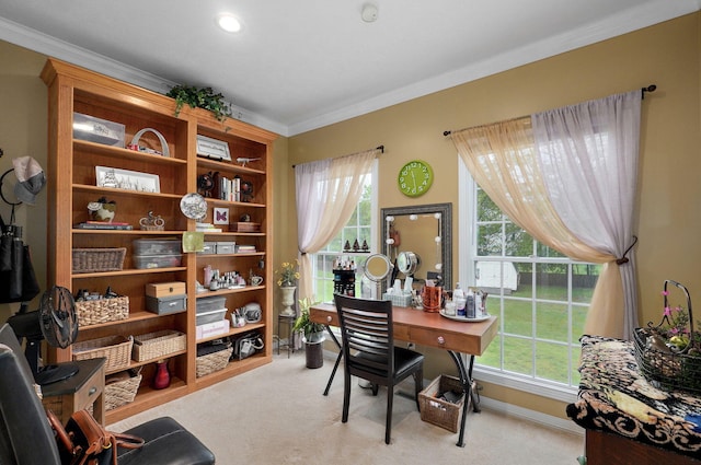 carpeted office with crown molding, recessed lighting, and baseboards