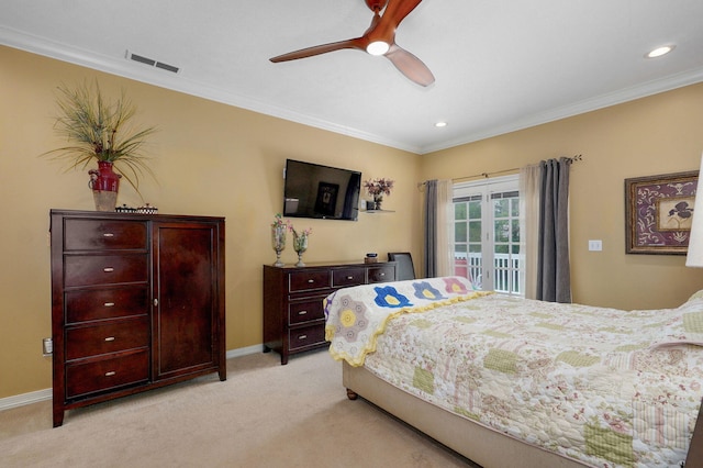 bedroom with visible vents, ornamental molding, access to exterior, baseboards, and light colored carpet