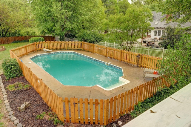 view of swimming pool with a fenced backyard, a fenced in pool, and a diving board