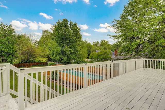 wooden terrace with a fenced in pool and fence
