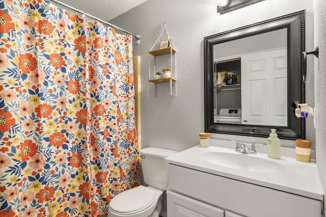 full bath featuring toilet, a textured wall, a shower with shower curtain, and vanity
